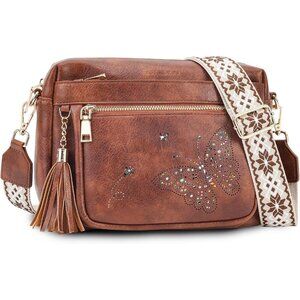 Women’s 04-brown Leather Purse Crossbody Bag Handbags Butterfly Design
